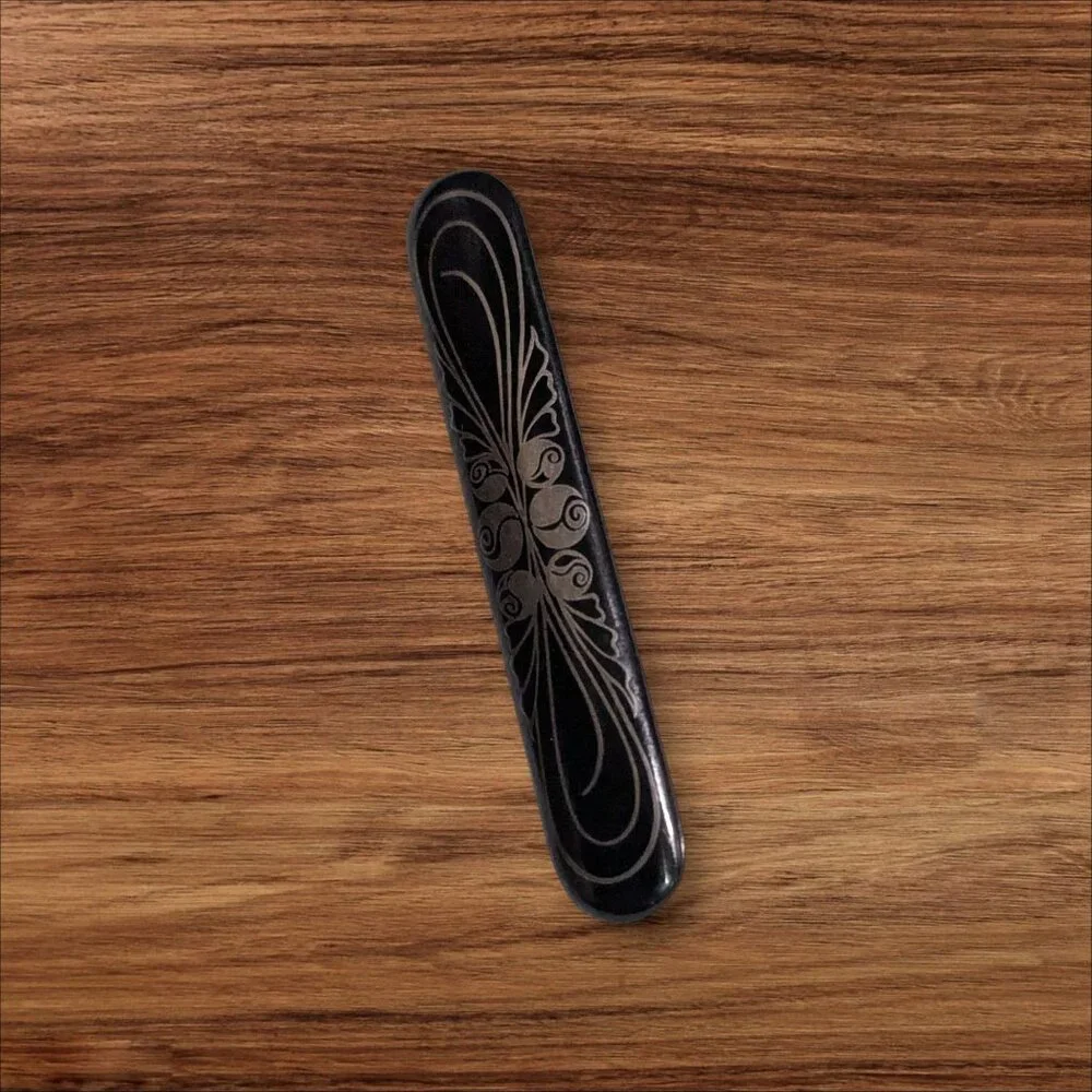 Vintage Black Etched Bar Pin Brooch Floral Design Long 3